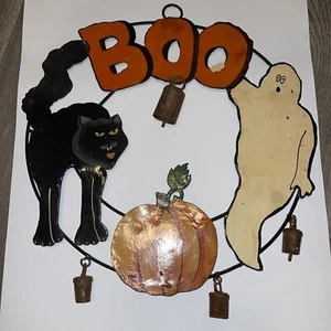 Vintage Halloween Metal Wreath BOO BLACK CAT PUMPKIN GHOST Bells Chime - Picture 1 of 8