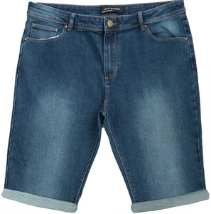 Mid Dark Blue Stretch Denim Jean Turn Up Shorts 5 Pockets Belt Loops Ladies - Picture 1 of 2