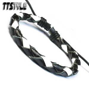 TTStyle Black/White Leather Bracelet Wristband NEW - Picture 1 of 1