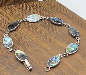 Vintage Taxco Mexico Silver Abalone Shell Link Bracelet 6.75"