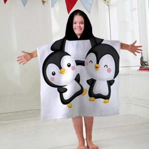 Kids Hooded Towel Poncho Cute Penguins Design Childrens Bathrobe Swim Bath Sun - Picture 1 of 2