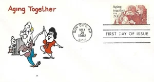 USA 1982 HAND PAINTED RICHARD ELLIS ANIMATED FDC AGING TOGETHER + CACHET - Picture 1 of 1