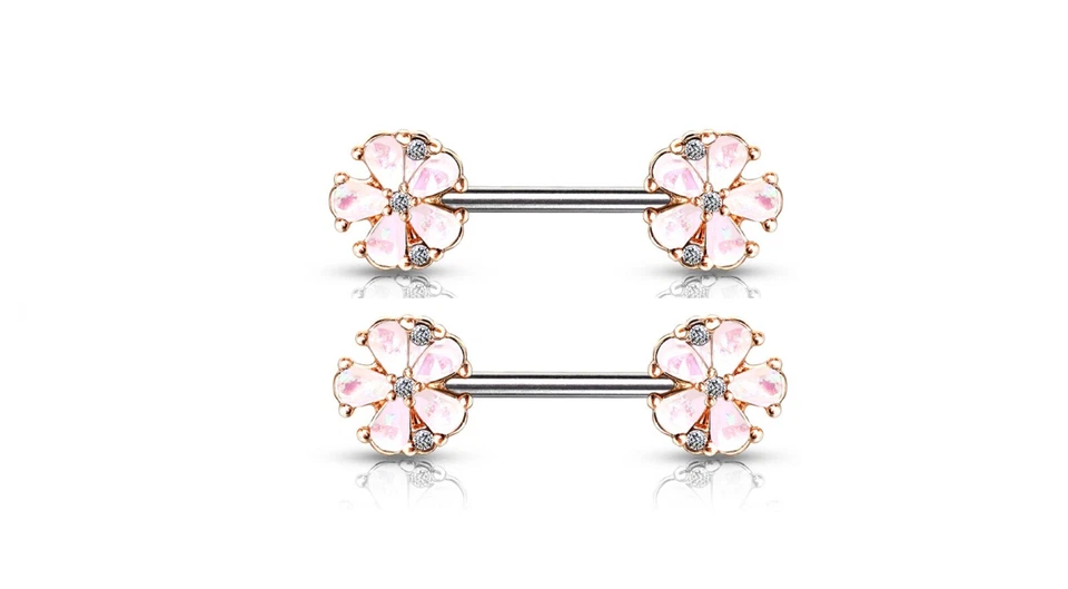 Пара блестящих позолоченных розовым золотом цветочных наконечников сосков штанг ювелирные изделия для тела - Изображение 1 из 1