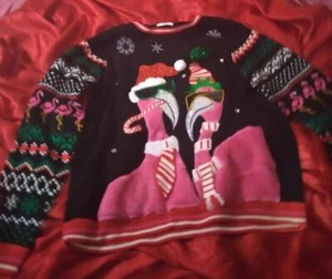 MERRY CHRISTMAS HOLIDAYS " "PINK FLAMINGOS "PARTY TIME" "XL(46-48)" UGLY SWEATER - Picture 1 of 15