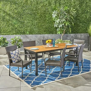 Una Outdoor 7 Piece Acacia Wood Dining Set with Stacking Wicker Chairs, Teak and - Picture 1 of 10