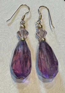 14K Yellow Gold Natural Deep Purple faceted Amethyst Earrings w/crystal accents - Picture 1 of 7