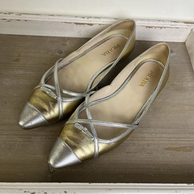 Auth Prada Metallic Ballet Flats Gold Silver Pointed Toe Size 38 w/ Box Dustbags - Image 1 of 4