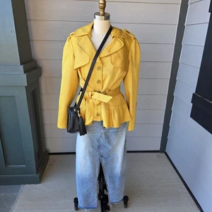 Chancelle Mustard Yellow Textured Belted Peplum Jacket Size 10 Button Front - Picture 1 of 9