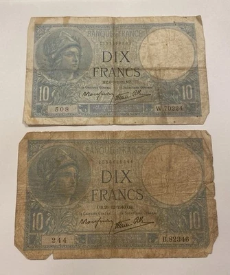 Lot Of (2) France Dix Francs Banknotes, 1939, 1940, Free Shipping! - Image 1 of 2