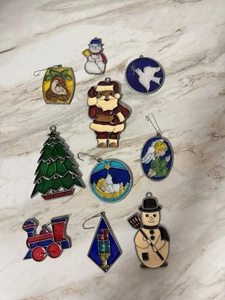 Christmas VTG Retro Homemade Stained Glass Suncatcher Set of 10 Ornaments Santa - Picture 1 of 4