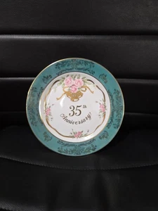 Vintage Lefton 35th Anniversary 9.5" Plate Teal Edge Roses & Gold Trim - Picture 1 of 6
