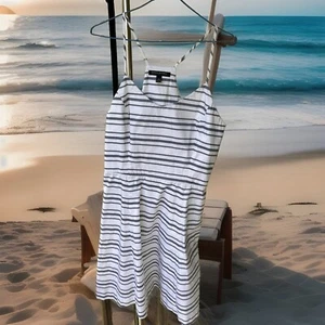 Banana Republic Spaghetti Strap Stretch Striped White-Grey Dress Women’s Size 8 - Picture 1 of 24
