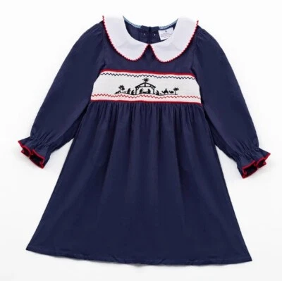 NEW Boutique Christmas Nativity Scene Girls Smocked Embroidered Dress - Image 1 of 4