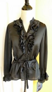 LAPIS Semi-Sheer Ruffled Black Belted Dress Blouse (M) NWT - Picture 1 of 6