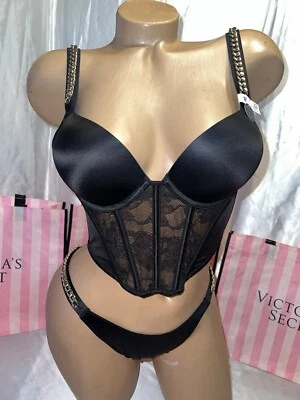 Victoria's Secret Bombshell Bra Corset  32B Small Thong Black Chain Trim - Image 1 of 3