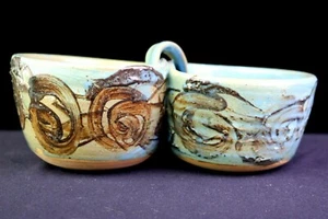 Hand Thrown Art Pottery 2 Attached Condiment Bowls Blue Glaze Signed - Picture 1 of 7