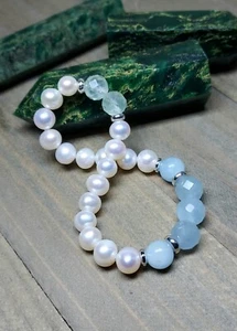 Aquamarine Gemstone Bracelet With White Freshwater Pearls Stretch 6.75" - Picture 1 of 10