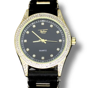 Men's 2 Row Bezel Iced up 44mm Hip Hop CZ Gold Plated Rubber Band Watch - Picture 1 of 4