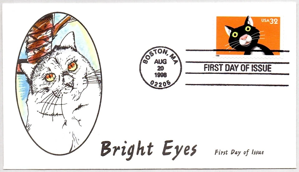 #3232 BRIGHT EYES SERIES CAT STAMP FIRST DAY OF ISSUE, HAND COLORED FDC FDC - Image 1 of 1