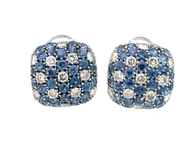 Simulated Sapphires & Moissanite Puff Cushion Shape Earrings In 10K White Gold - Image 1 of 4