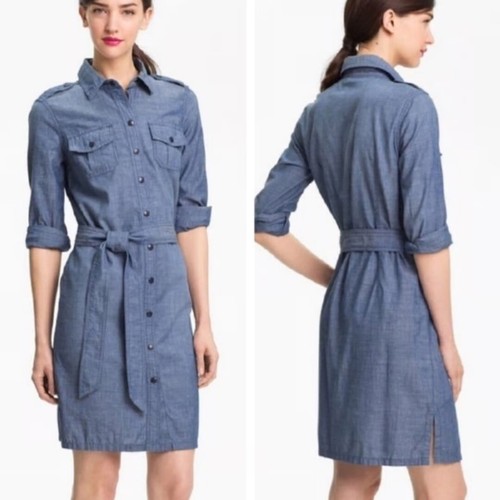 Camicia TORY BURCH Chambray blu Brigitte con cintura e cravatta in vita con bottoni abito 10 ?