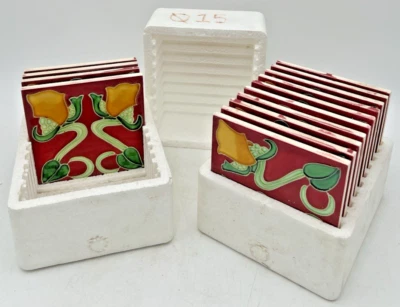 (14) AZULEJOS ART NOUVEAU 6" X 6" REPRODUCCIÓN BORGOÑA, VERDE Y AMARILLO Foto 1 de 4