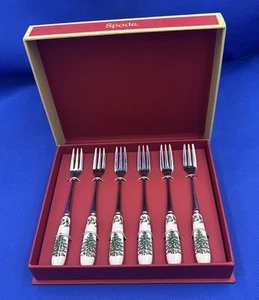 Spode Christmas Tree Pastry Forks Set/6 Stainless Steel & Ceramic Handle - Picture 1 of 8