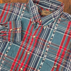 Roper Mens Large Plaid Western Shirt Button Up Aztec Long Sleeve Blue Red Green - Picture 1 of 6