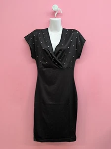 Front Pearl Back Zipper Cap Sleeves V Neck Women's Midi Dress Size M Black - Picture 1 of 9