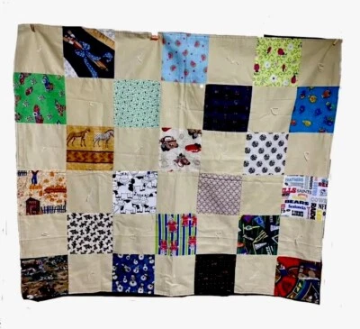 Handmade Reversible Patchwork Square Blanket Colorful Animals Sports 47x42 - Image 1 of 4