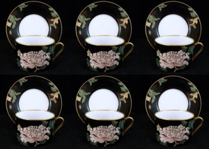 Fitz and Floyd Cloisonne Peony Black Group of 6 Cup and Saucer Sets - Picture 1 of 7