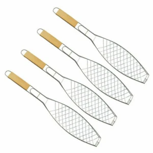 4xFischgriller Fischbräter Grill Fischzange BBQ Metall Grillzange mit Holzgriff - Bild 1 von 10