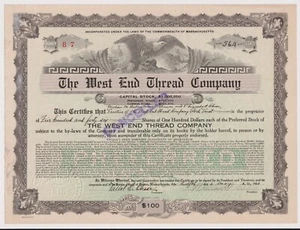 Certificado de acciones de West End Thread Company Massachusetts - Imagen 1 de 1