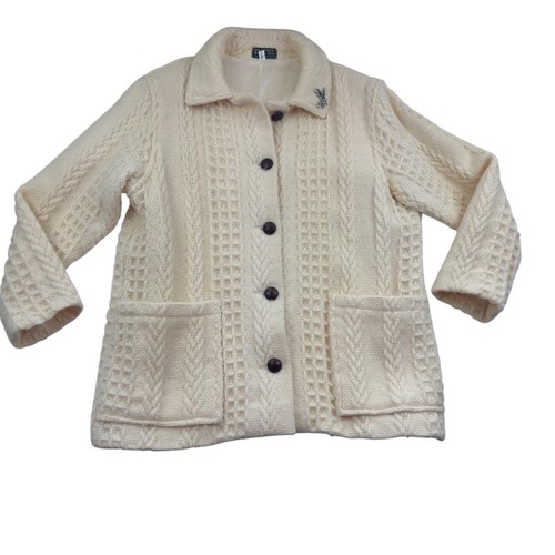 OFF WHITE Cappotto donna Blarney Woolen Mills Made In Ireland linea lunga maglia cavo taglia XXL