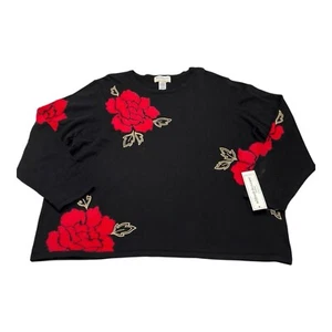 Alfred Dunner Sweater 3X Black Tunic Floral Textured Roses Embroidered Artsy - Picture 1 of 10