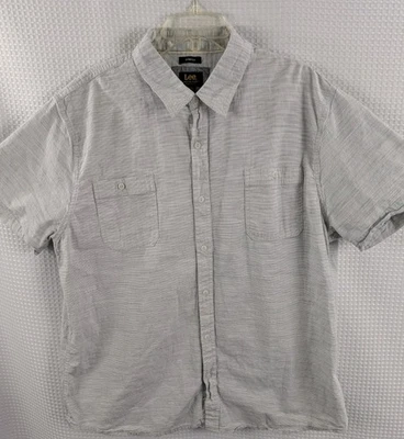 Lee Stretch 男式 2XL 灰色和白色条纹纽扣短袖衬衫 — 第 1/4 张图片