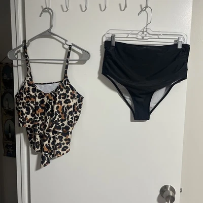 Adisputent Leopard Print Wrap Tankini Top with High Waist Black Bottoms Size L - Image 1 of 4