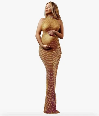 Elegant Gold Maternity Gown - Image 1 of 2