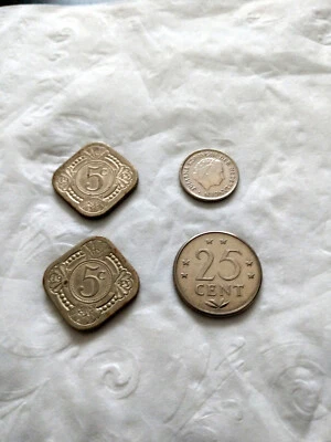 Netherlands/Dutch Coins: 2 Square Nickels(1943), 10cent(1975), 25cent(1970) - Image 1 of 2