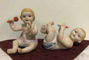 Vintage German bisque porcelain piano baby set boy & girl 5-1/2” Vintage - Picture 1 of 11
