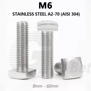 M6 Square Head Bolts T-Bolts T Slot Track Profile Screws Stainless Steel A2 304 - Picture 1 of 28