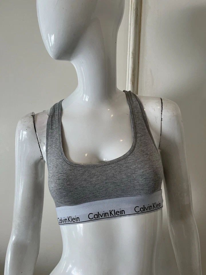 CALVIN KLEIN Women's Heather Grey Cropped Racerback LOGO Band Bra Top Sz S - Image 1 of 4
