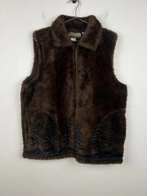 Vintage Cobblestone Canyon Brown Faux Fur Vest USA Made Trees & Snowflakes  Larg - Image 1 of 4