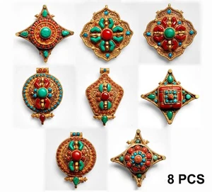 8 PCS 2" Tibetan Gold Copper Pendants Turquois Coral Stone Nepal Wholesale Lot - Picture 1 of 9