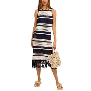 NWT LE LIS Women's Crochet Fringe Trim Cotton Blend Striped Midi Dress Size: S,M - Picture 1 of 8