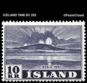 ICELAND  1948 SC 252 HEKLA ERUPTION 1947 10k VIOLET BLACK MNH OG VERY FINE - Picture 1 of 2