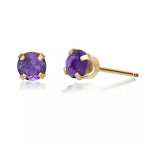 14K Yellow Gold Round Amethyst Stud Earrings for Women with Push Backs - 4 mm - Picture 1 of 9