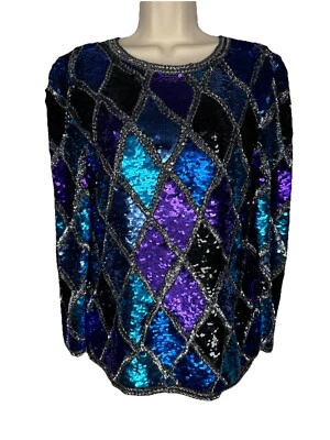 Blusa Top Negro Corbata Cuentas Lentejuelas Adornada Geométrica Multicolor Seda Talla M Foto 1 de 4