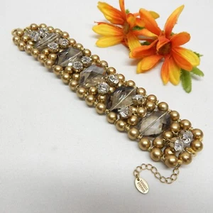 DANIELLE STEVENS GOLD TONE, FAUX PEARL, CRYSTAL, RHINESTONE BRACELET 8.5" x 1.5" - Picture 1 of 3