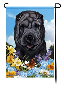 Summer Flowers Garden Flag - Black Shar Pei - Picture 1 of 1